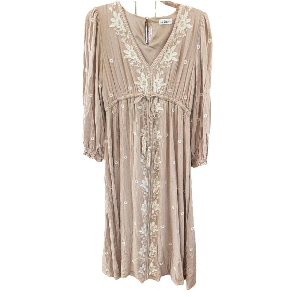 Boho Embroidered Tie-Waist Midi Dress in Beige
